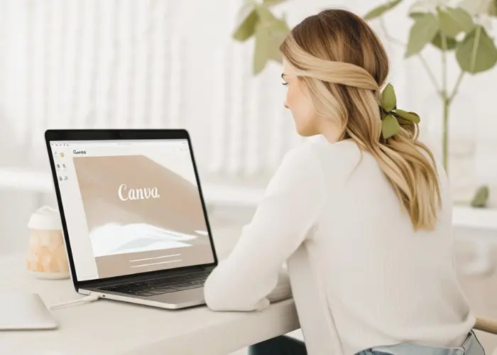 Femme travaillant sur son identité visuelle avec Canva, interface visible sur écran d'ordinateur portable dans un bureau lumineux